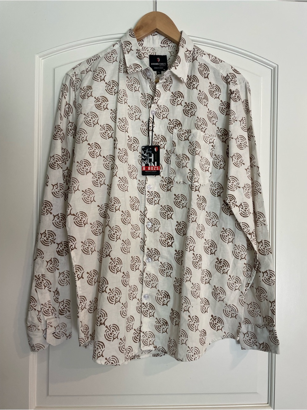Brandz Bozs Men’s Cream Button-Down Shirt with Brown Geometric Print XL NEW